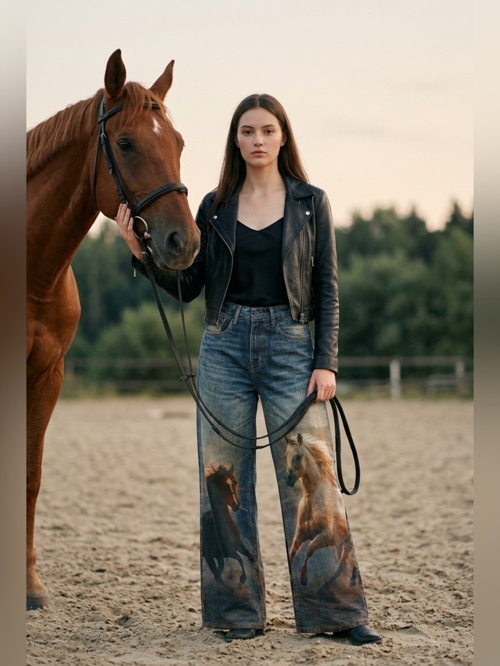 VBRT NWT Blue Wide-Leg Jeans White & Dark Horse digital Print Artwork